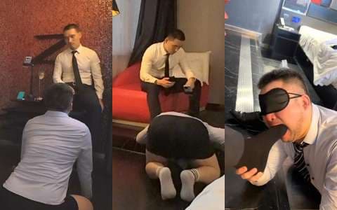 正装S熟男调教系列：虐玩正装商务小熊 粗口 舔皮鞋 踩头