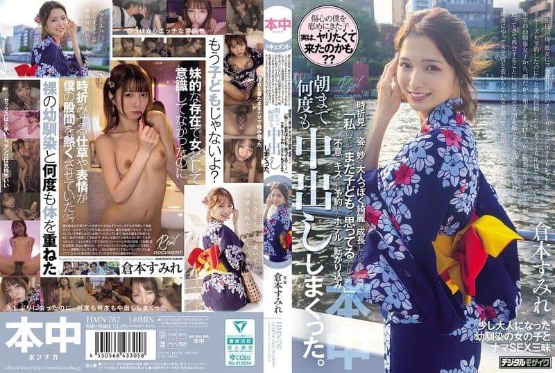 穿着浴衣笑容满面地来到约会地点，原本以为她和以前一样，但偶尔展现出的样子却莫名地成熟美丽，她说「你还把我当小孩吧？」突然被亲吻，然后滚到预订好的饭店，直到早上都疯狂地中出 仓本蓳 HMN-787
